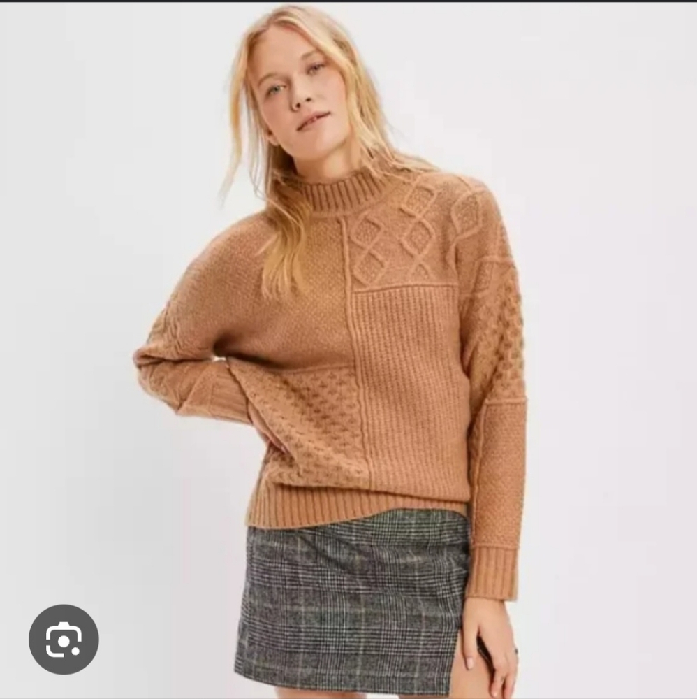 American Eagle Outfitters Camel Mock-neck Cable Knit Sweater